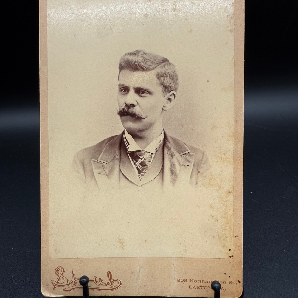 Antique Cabinet Card Portrait Man With Large‎ Mustache Shoub Studio Easton PA